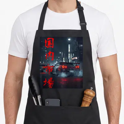 Tablier de cuisine noir avec une illustration de drift nocturne à Tokyo et des caractères japonais rouges verticaux.