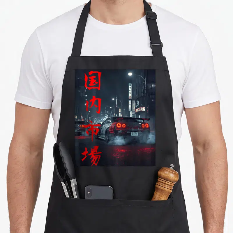 Tablier de cuisine noir avec une illustration de drift nocturne à Tokyo et des caractères japonais rouges verticaux.
