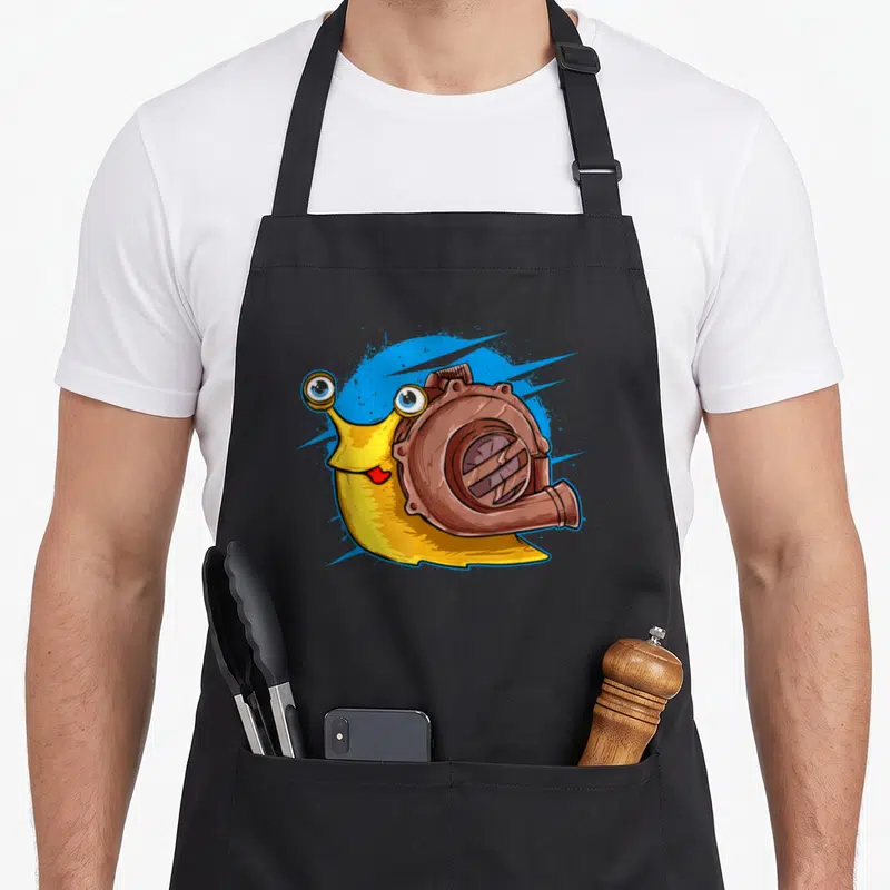 Tablier de cuisine noir avec un escargot jaune portant une turbine Turbo Boost en style Steam Punk sur fond bleu.