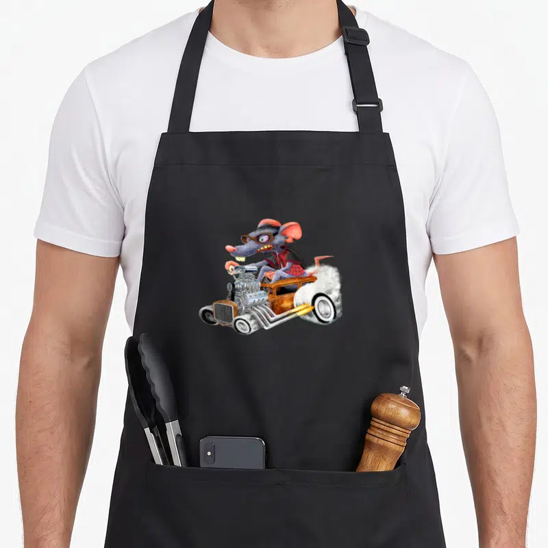 Tablier de cuisine noir avec un rat au volant d'une Old School Cars modifiée en Rat Rod Drag Racing.