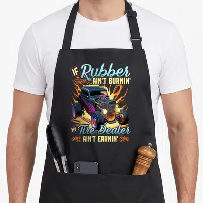 Tablier de cuisine noir avec illustration de Rat Rod et texte If Rubber Ain't Burnin' My Tire Dealer Ain't Earning