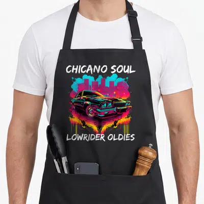 Tablier de cuisine noir avec illustration de lowrider aux couleurs néon et texte Chicano Soul Lowrider Oldies.