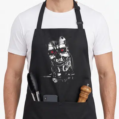 Tablier de cuisine noir avec une tête de joueur T-800 aux yeux rouges et détails métalliques argentés.