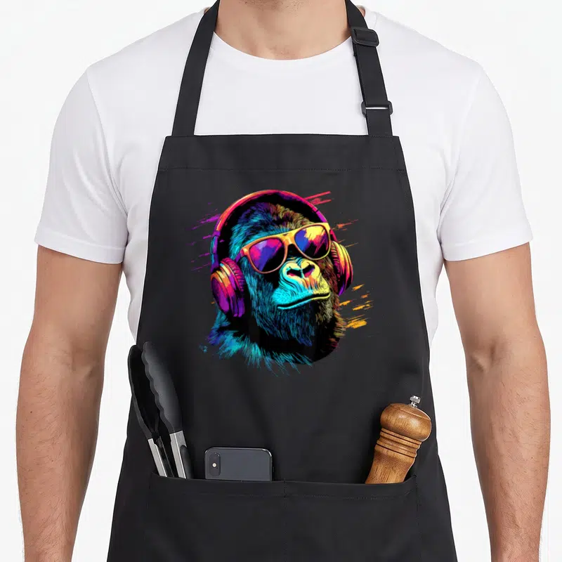 Tablier de cuisine noir avec illustration colorée d'un singe DJ portant écouteurs et lunettes de soleil.