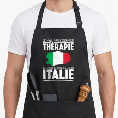 Tablier de cuisine noir avec inscription blanche Je n'ai pas besoin de thérapie et drapeau italien peint au pinceau