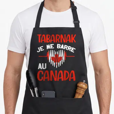 Tablier de cuisine noir avec inscription rouge et blanche Tabarnak Je me Barre au Canada sur fond gris uni
