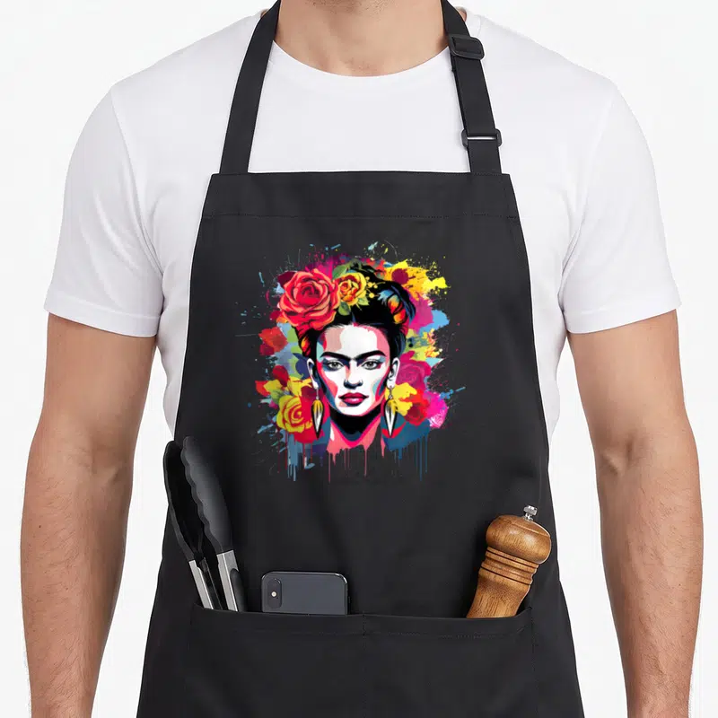 Tablier de cuisine noir avec un portrait artistique coloré de Frida Kahlo entouré de roses et de taches de peinture.