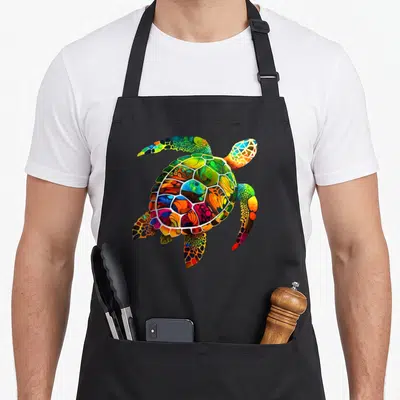 Tablier de cuisine noir avec une tortue de mer multicolore au style géométrique et tropical.