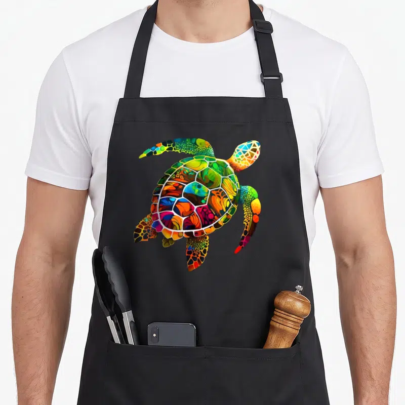 Tablier de cuisine noir avec une tortue de mer multicolore au style géométrique et tropical.