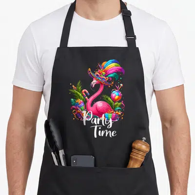 Tablier de cuisine noir avec un flamant rose carnaval aux plumes multicolores, cadeaux et l'inscription Party Time en blanc.