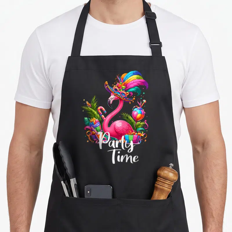 Tablier de cuisine noir avec un flamant rose carnaval aux plumes multicolores, cadeaux et l'inscription Party Time en blanc.