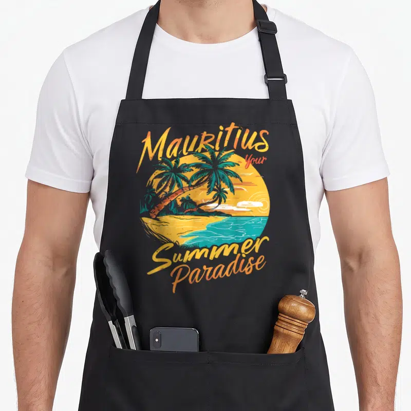 Tablier de cuisine noir avec illustration circulaire de palmiers, plage turquoise et texte Mauritius Your Summer Paradise en lettres orange.