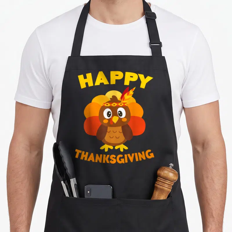 Tablier de cuisine noir avec un hibou marron portant une coiffe et le texte Happy Thanksgiving.