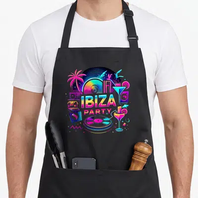 Tablier de cuisine noir avec illustration néon Ibiza Party, palmiers, cocktails et vinyles colorés sur fond sombre.