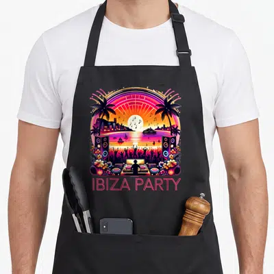 Tablier de cuisine noir avec illustration colorée d'un festival Ibiza Party au coucher du soleil, un DJ et des palmiers.