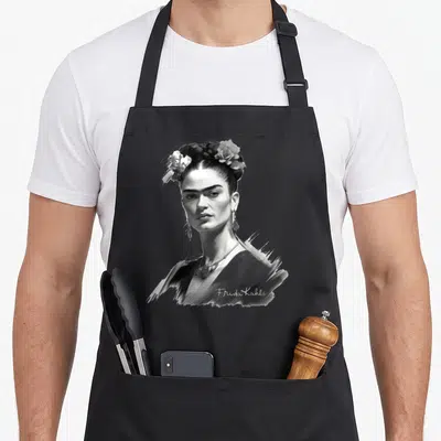 Tablier de cuisine noir avec portrait stylisé de Frida Kahlo en noir et blanc, coiffée de fleurs et portant des boucles d'oreilles pendantes.