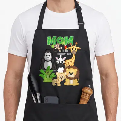 Tablier de cuisine noir avec Mom of the anniversaire Boy et animaux de zoo colorés