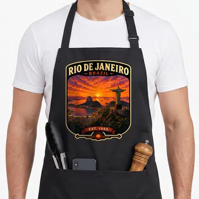 Tablier de cuisine noir avec une illustration rétro d'un coucher de soleil à Rio de Janeiro montrant le Christ et le Pain de sucre.