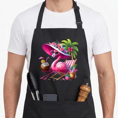 Tablier de cuisine noir avec un flamant rose portant un large chapeau de fête et des lunettes coeurs, assis sur un transat à côté d'un palmier.