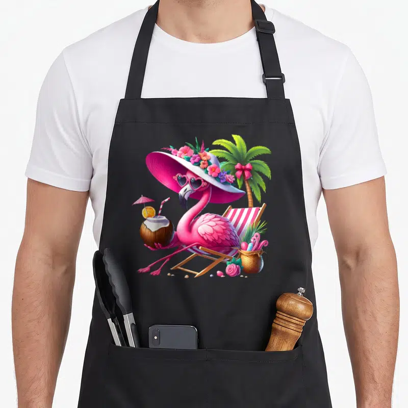 Tablier de cuisine noir avec un flamant rose portant un large chapeau de fête et des lunettes coeurs, assis sur un transat à côté d'un palmier.