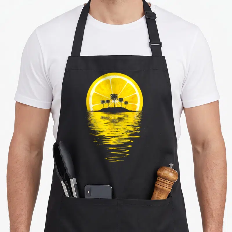 Tablier de cuisine noir avec illustration d'un demi-citron jaune formant un soleil au-dessus d'une île aux palmiers et d'eau ondulée.