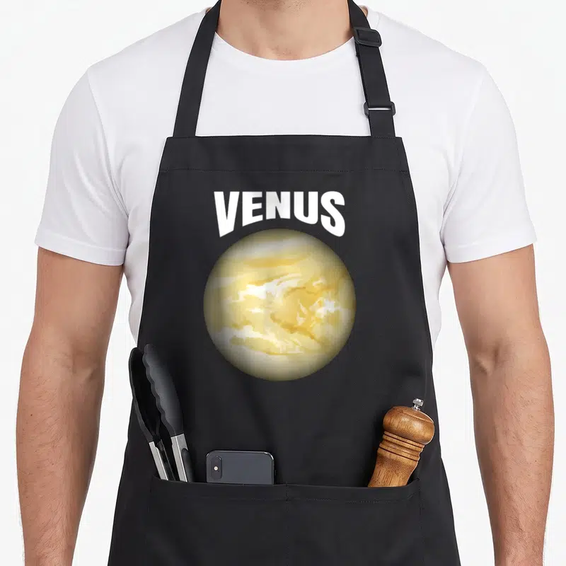Tablier de cuisine noir avec une illustration circulaire de la planète Vénus et le mot VENUS en blanc au-dessus.