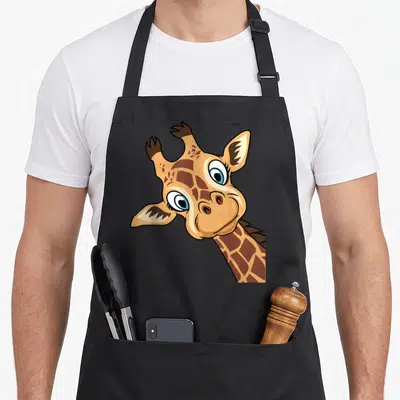 Tablier de cuisine noir avec une illustration colorée représentant la tête d'une girafe mignonne aux grands yeux bleus et au motif tacheté.