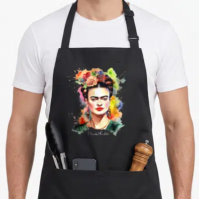Tablier de cuisine noir avec portrait artistique de Frida Kahlo aux cheveux fleuris et éclaboussures de couleurs vives.