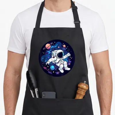 Tablier de cuisine noir avec un astronaute blanc flottant parmi des planètes colorées et des étoiles sur fond cosmique bleu nuit.