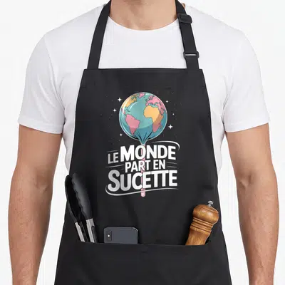 Tablier de cuisine noir avec une illustration d'une planète en sucette et le texte Le Monde Part en Sucette entouré d'étoiles.
