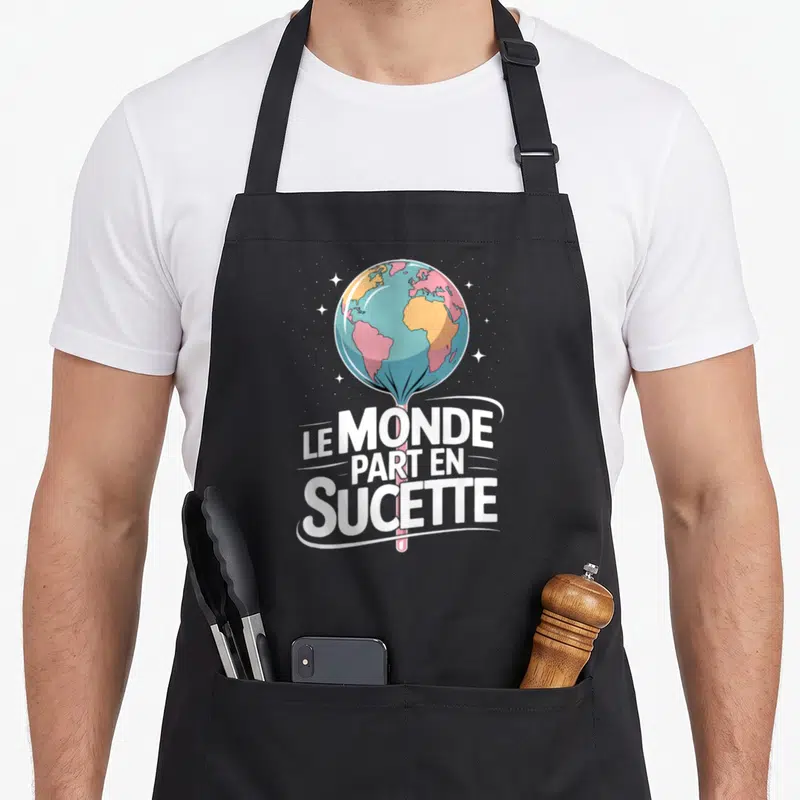 Tablier de cuisine noir avec une illustration d'une planète en sucette et le texte Le Monde Part en Sucette entouré d'étoiles.