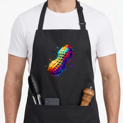 Tablier de cuisine noir avec une illustration colorée d'une cacahuète au style splash art moderne.