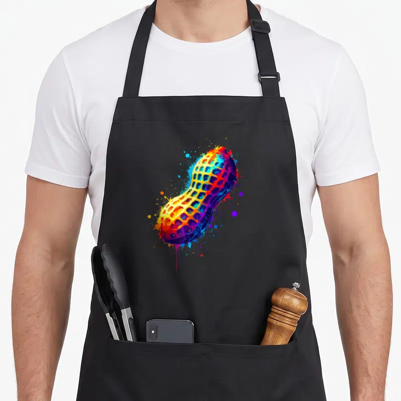 Tablier de cuisine noir avec une illustration colorée d'une cacahuète au style splash art moderne.