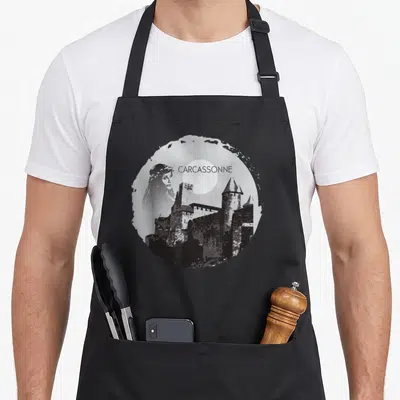 Tablier de cuisine noir avec un motif circulaire montrant un château fort et une femme au profil élégant.