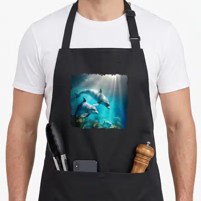 Tablier de cuisine noir avec illustration de dauphins nageant dans un océan bleu éclairé par des rayons de soleil.