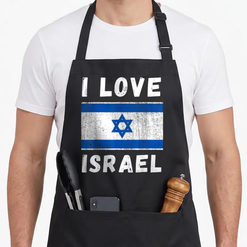 Tablier de cuisine noir avec inscription I Love Israel et drapeau israélien vintage bleu et blanc.