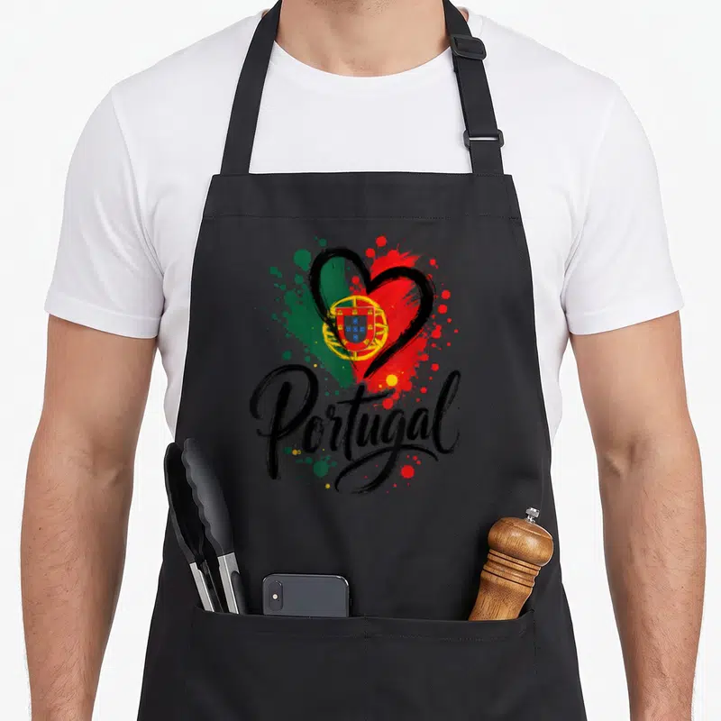 Tablier de cuisine noir avec un cœur contenant le drapeau portugais et l'écriture Portugal sur fond de taches de peinture.