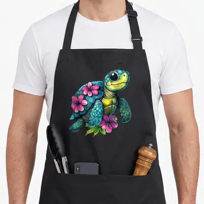 Tablier de cuisine noir avec une tortue de mer turquoise décorée de fleurs roses et vertes stylisées.