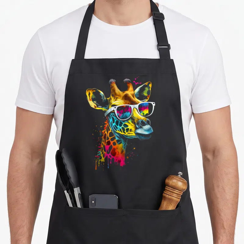 Tablier de cuisine noir avec tête de girafe stylisée portant des lunettes blanches et des éclats de peinture multicolores.