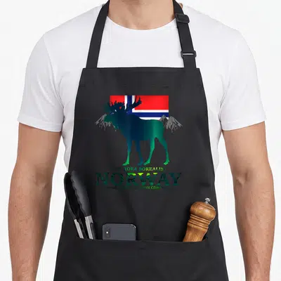 Tablier de cuisine noir avec silhouette d'élan, drapeau norvégien et texte Aurora Borealis Norway.