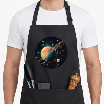 Tablier de cuisine noir avec illustration circulaire d'une planète aux anneaux dorés et de multiples satellites colorés sur fond d'espace profond.