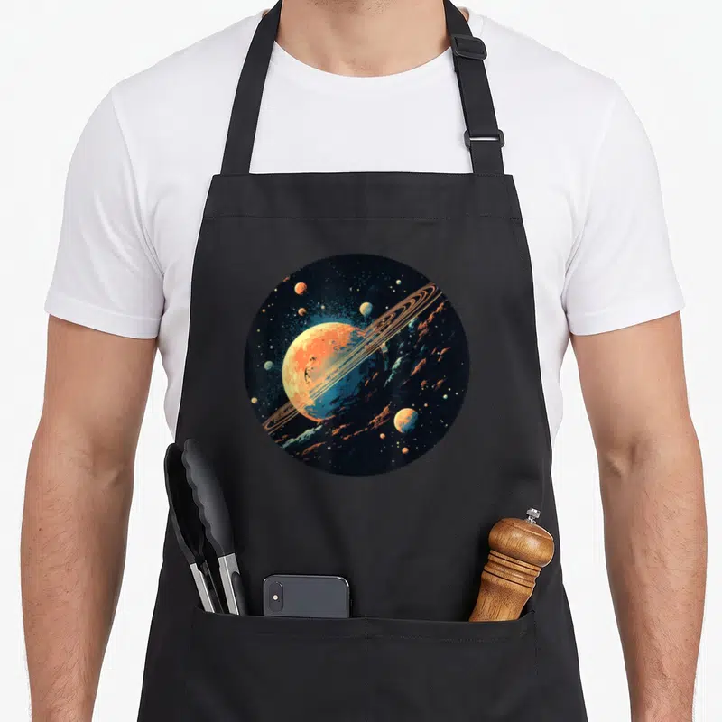 Tablier de cuisine noir avec illustration circulaire d'une planète aux anneaux dorés et de multiples satellites colorés sur fond d'espace profond.