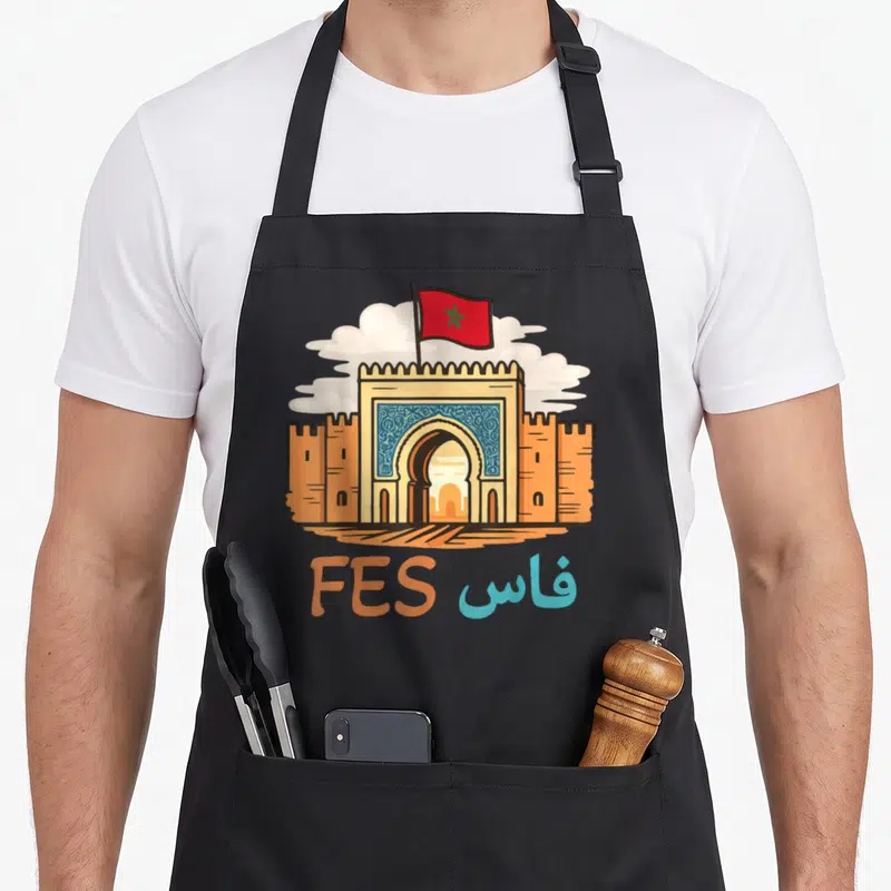 Tablier de cuisine noir avec illustration colorée de la porte de Fes et du drapeau marocain.