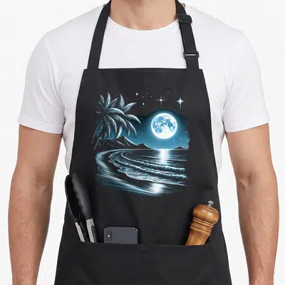 Tablier de cuisine noir avec illustration d'une plage tropicale nocturne, lune pleine et palmiers stylisés en bleu et blanc.