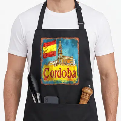 Tablier de cuisine noir avec illustration vintage de Cordoba Espagne drapeau et cathédrale