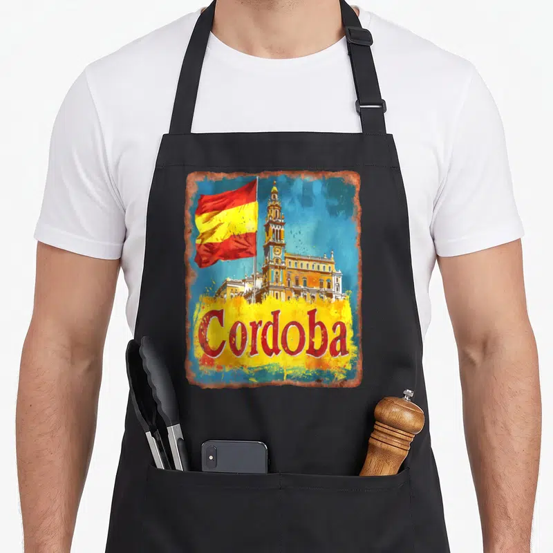 Tablier de cuisine noir avec illustration vintage de Cordoba Espagne drapeau et cathédrale