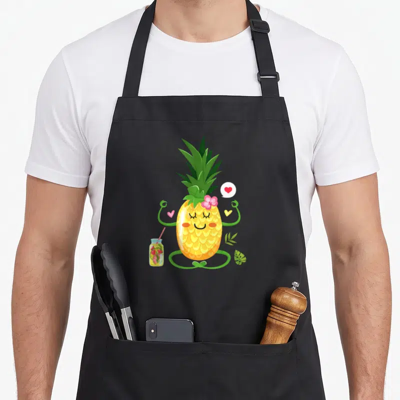 Tablier de cuisine noir avec ananas jaune souriant en position de méditation, fleur rose et verre de boisson tropicale.