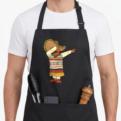 Tablier de cuisine noir avec illustration d'un homme en sombrero et poncho rayé faisant une pose dab.