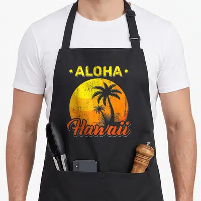 Tablier de cuisine noir avec illustration Aloha Hawaii palmiers et soleil orange vintage