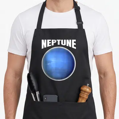 Tablier de cuisine noir avec une grande illustration circulaire de la planète Neptune et le texte NEPTUNE en lettres blanches au-dessus.